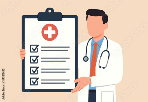 Medical clipboard, prescription or insurance document, health check or doctor diagnosis record, medicine or medicare checklist concept, doctor with stethoscope holding medical clipboard prescription