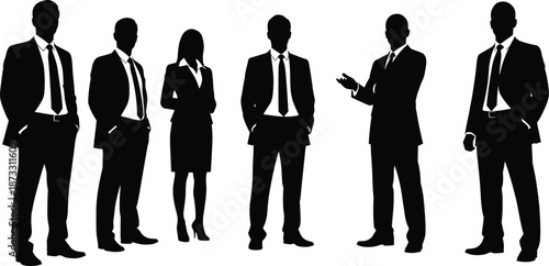 Black business professionals silhouette standing in meeting formation, corporate team discussion group, formal attire suits vector, isolated on white background, teamwork.