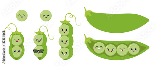 Set green peas, a green pea pod, cute and fun cartoon character, tasty and healthy vegetables, big eyes, emotions joy delight, happy smiling face, kawaii style, icon vector children's illustration.