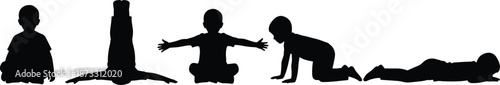 Silhouettes of child in various playful and developmental poses including sitting, crawling, headstand, and lying for vector activity design