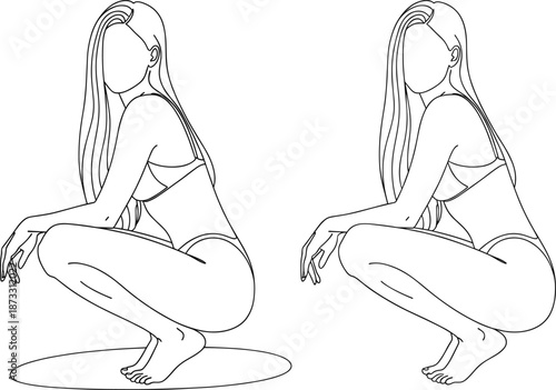 Woman squatting pose fitness exercise continuous line art minimalist vector illustration
