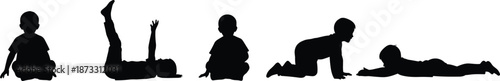 Silhouettes of child in various playful and developmental poses including sitting, crawling, and lying for activity, growth, and vector design