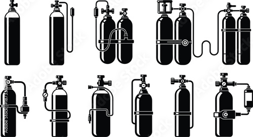 Black oxygen tank silhouettes set, medical gas cylinders, scuba diving tanks, industrial canisters, valves and regulators, breathing equipment icons, vector.