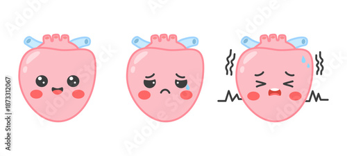 Cute human heart organ expression set. Happy, sad, and pain emotions showing health condition, cardiology, heartbeat, and medical emotion concept. Kawaii cartoon style. Vector illustration set