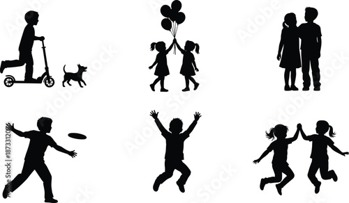 Black silhouette children playing set, kids riding scooter, jumping, throwing frisbee, balloons, playground activities, child development icons, family leisure, vector.