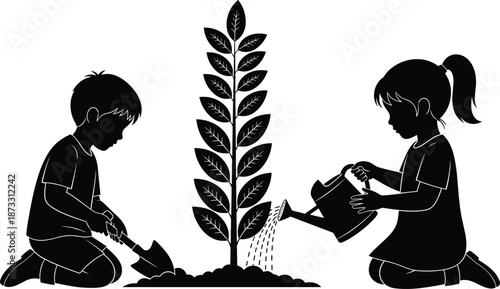 PrintBlack silhouette of children gardening together, boy with shovel and girl with watering can planting tree, nature education for kids.