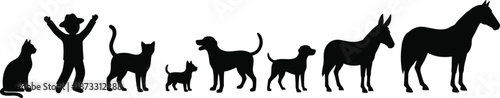 Silhouettes of animals and person arranged by size including cat, dog, donkey, and horse for comparison, classification, and vector design