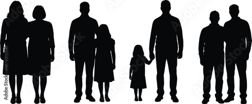 Black silhouette of diverse people groups, family with child, couples and friends standing together, minimalist human figures collection on white background.