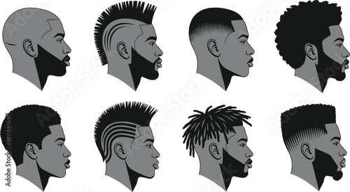Black silhouettes of African American men profiles, diverse hairstyles set, afro, mohawk, dreadlocks, barber shop hair chart, male head icons, vector.