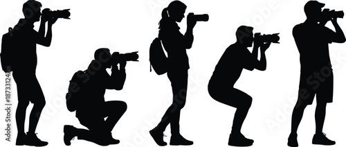 Silhouettes of Photographers in Action with Cameras and Backpacks – Ideal for Travel, Outdoor, and Photography-Themed Creative Projects