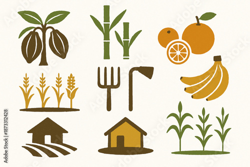 Belize Agricultural Icon Set with Crops, Tools, and Farmland Elements
