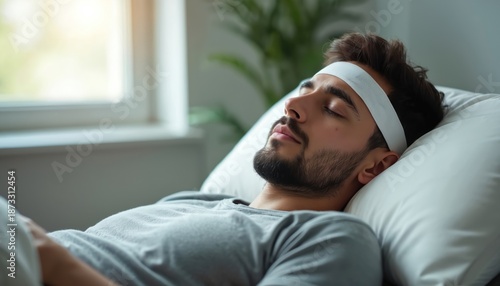 Young man sleeps in bed, head bandaged for injury recovery. He is resting quietly, recovering from illness or trauma, possibly a concussion. Medical care and healing are ongoing.