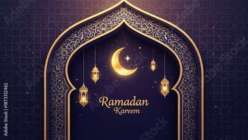 An ornate golden archway with lanterns and a crescent moon celebrating Ramadan