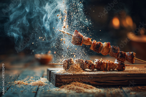 Espeto de carne grelhada jogadas sobre a mesa. churrasquinho de de frango e porco, com farofa e cebola.	