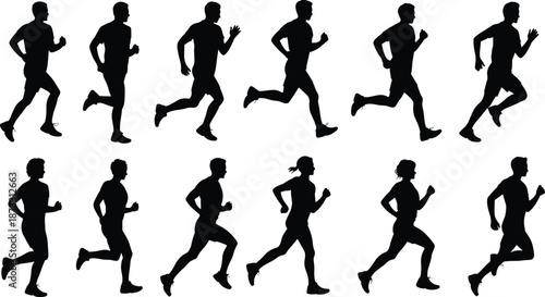 Silhouettes of Runners in Motion Capturing Dynamic Athletic Poses for Sports Training, Biomechanics Study, Animation Reference, and Human Movement Illustration