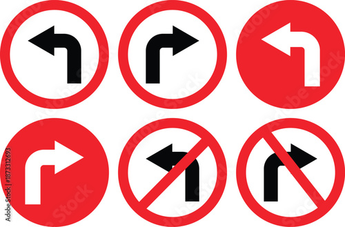 Traffic signs showing left and right turn directions and turn restrictions