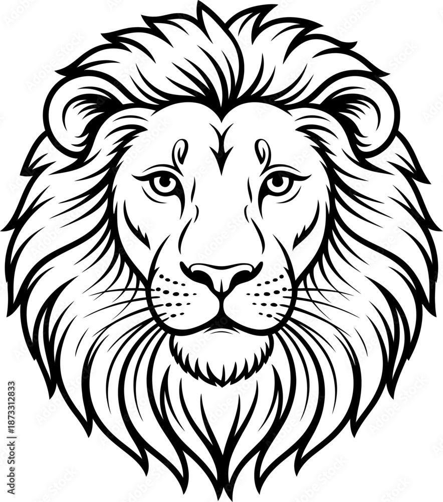 Fototapeta premium Black and white lion head with detailed fur and mane