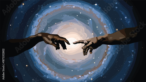 Cosmic creation of Adam silhouette with reaching hands over spiral galaxy, nebula stars and universe background, spiritual space digital art concept.