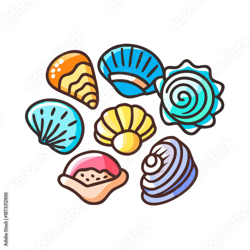 Vibrant and diverse collection of cartoon seashells showcasing various marine life forms Vector
