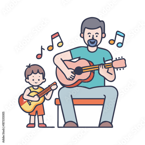 A heartwarming scene of a father and son bonding over music, playing guitars with joy Vector