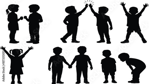 Silhouettes of children interacting in playful and expressive poses, ideal for educational, psychological, artistic, and family-themed creative projects