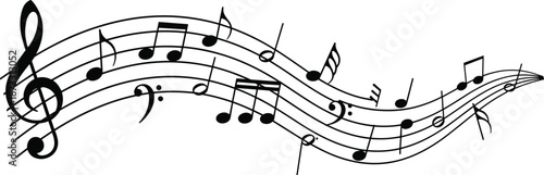 Flowing musical notes on curved staff line with treble clef, black and white melody wave, minimalist music vector background, artistic song.