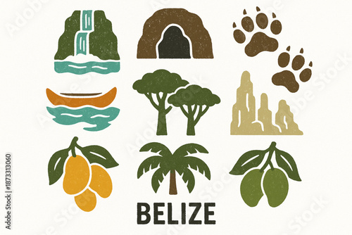 Belize Jungle and Inland Nature Icon Set with Rainforest and Wildlife Elements