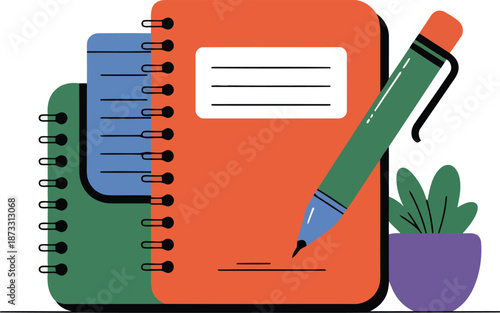 Notebooks and pen with plant vector illustration