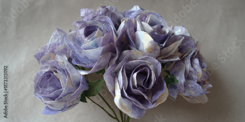 Lavender paper rose bouquet handmade craft flower eco friendly valentine gift recycled paper art delicate pastel petals romantic floral decor soft purple arrangement sustainable wedding bouquet