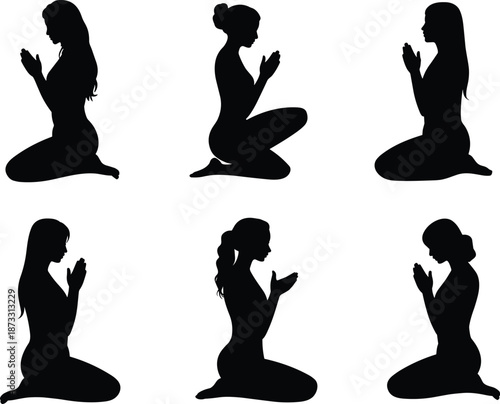 Silhouettes of six kneeling women in prayer pose, expressing spirituality, meditation, devotion, and peaceful reflection in black design