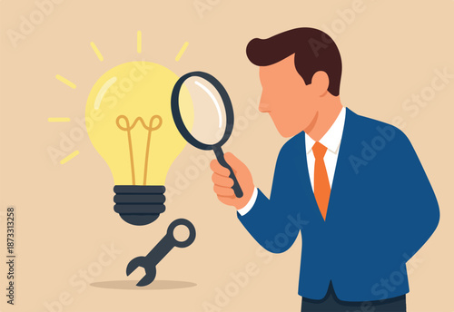 Perfectionist, too much attention to details, high standard goal, focus on perfect result concept, perfectionist businessman with magnifying glass looking at every details of lightbulb idea.