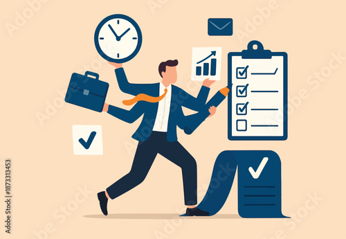 Productivity or efficiency, manage busy work to finish task or checklist, solving overworked and develop time management strategy, busy businessman holding work stuff with finishing checklist tasks.