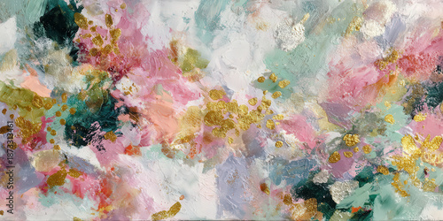 fondo abstracto de un cuadro pintado al  oleo con colores pastel y particulas doradas