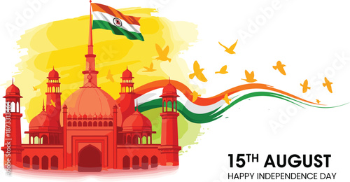 India Independence Day celebration banner with red gradient monument waving Indian flag birds and 15th August text on watercolor background,