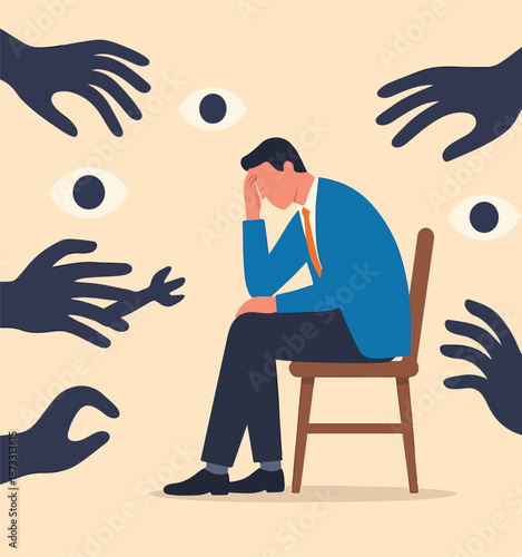 Paranoia, fear and panic cause by mental health, phobia or disorder from mental disorder, depression from stress and anxiety concept, paranoia businessman sitting on a chair with creepy hand and eyes