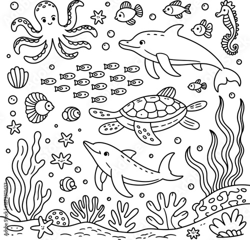 Underwater scene with dolphin turtle shark and fish in black and white