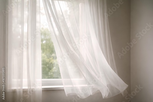 Window with sheer curtain moving slightly in breeze, subtle motion