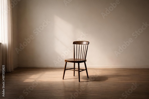 Single chair in empty room, silence and pause