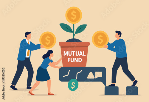 Mutual fund, investment growth or wealth management, financial profit or earning from stock market, savings and growing money concept, people put money on mutual fund with money growing sprout