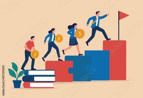 Knowledge or education to help business success, wisdom or learning to help employee achieve goal, training or education course concept, people running on growth book stack to achieve goal.