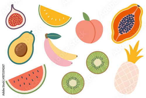 A collection of colorful flat fruit including watermelon fig avocado papaya peach banana pineapple and kiwi