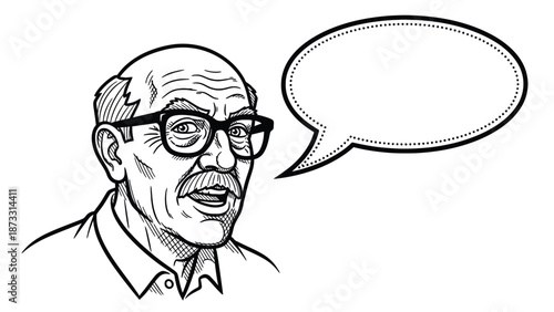 Elderly Man With Glasses Speaking In A Speech Bubble For Editorial And Stock Use