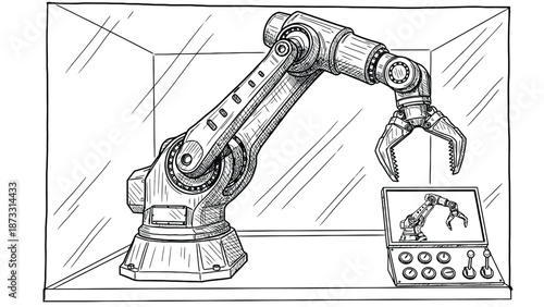 Industrial Robotic Arm in Glass Display Case with Control Panel and Demonstration Screen