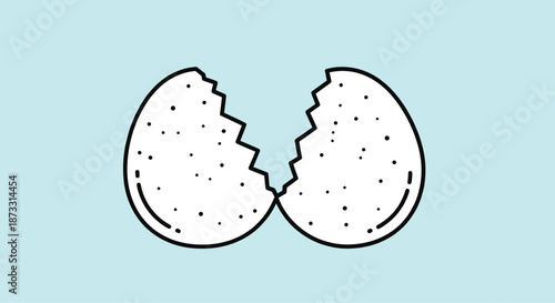 Simple black and white outline of a cracked and broken egg shell on a light blue background for Easter and kitchen themes.
