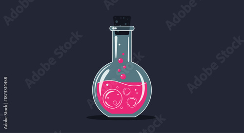 Glass laboratory flask filled with bubbling pink magic potion or chemical liquid on a dark navy background for fantasy themes.