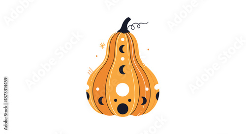 Stylized orange pumpkin illustration decorated with celestial crescent moons and star patterns for a mystical autumn design.