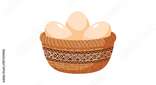 Brown woven basket filled with three large cream-colored eggs for a rustic farm and breakfast-themed food illustration.