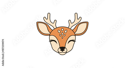 Adorable cartoon deer head with antlers and closed eyes featuring soft brown colors and simple shapes on a plain white background.