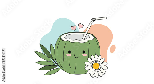 Tropical green coconut drink with a straw and a smiling face decorated with hearts and a daisy flower against soft shapes background.