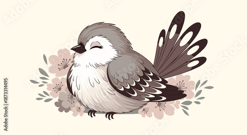 Fluffy little bird sitting among soft pink blossoms featuring detailed feathers and a peaceful expression in a beautiful nature art.